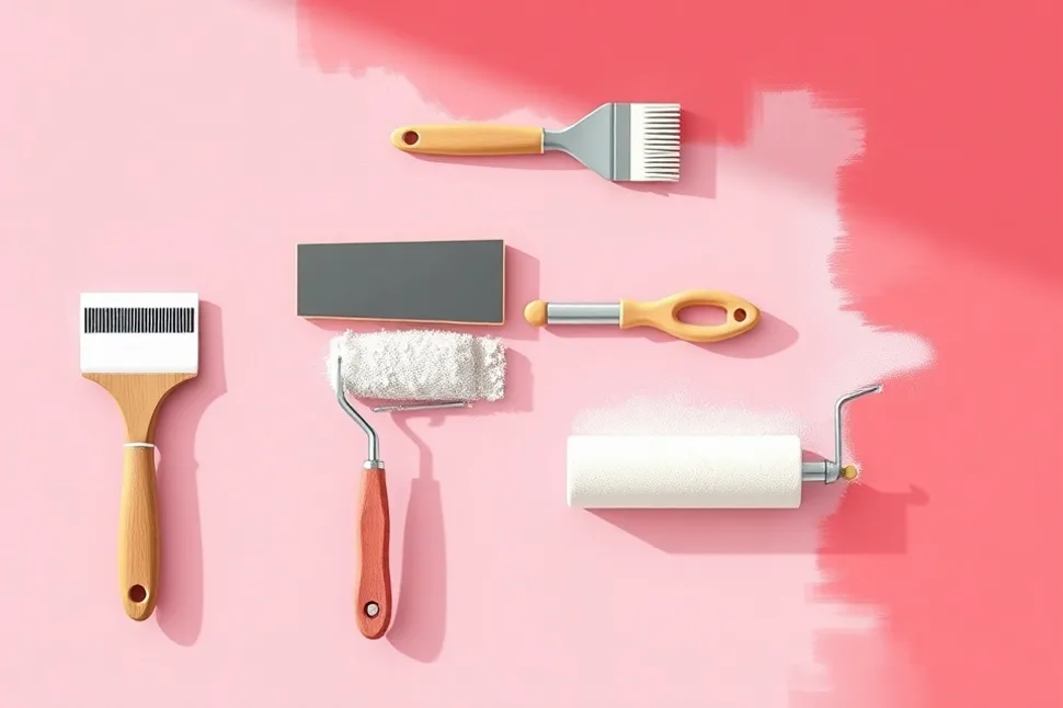 Outils de peinture disposés dans l'ordre des étapes du chantier