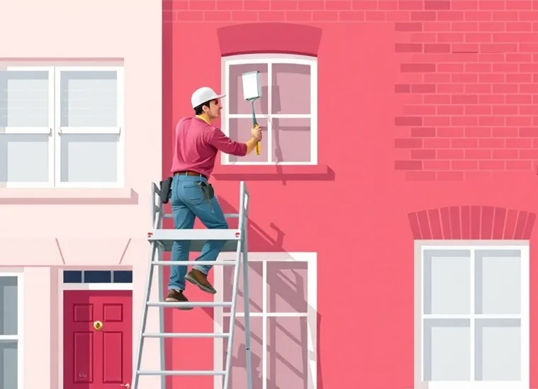 Peintre sur échafaudage traitant la façade d'une maison